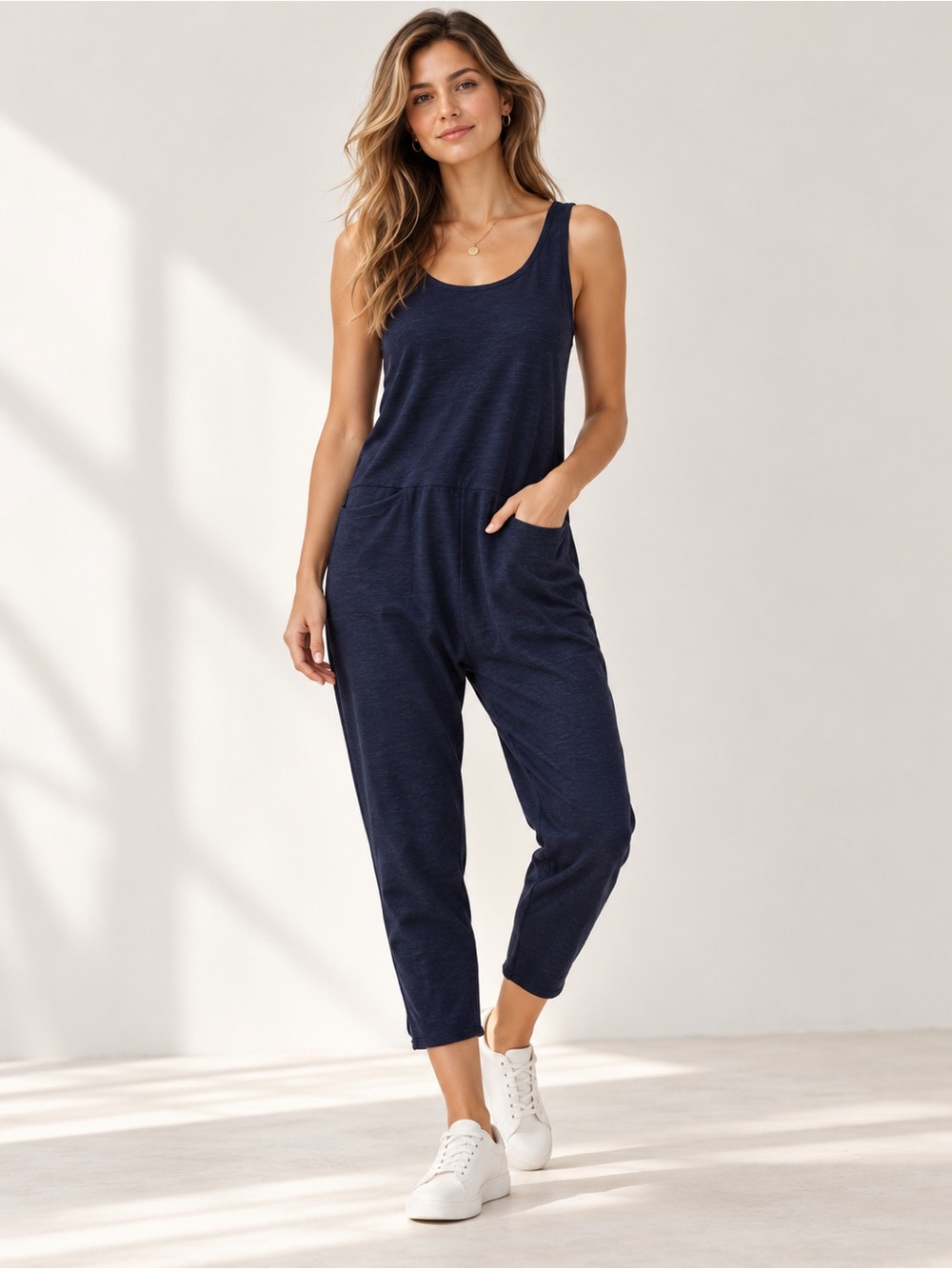 AG Jeans Navy Heather Abyl Sleeveless Cotton Jumpsuit Lounge Athleisure Travel